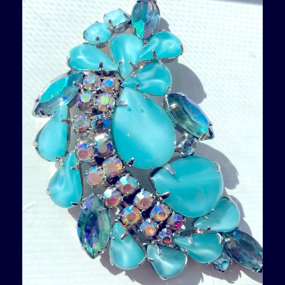 VTG 60s JULIANA DELIZZA ELSTER Brooch Turquoise rhinestone costume jewelry pin